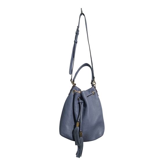 Henri Bendel Bedford Pebble Leather Bucket Bag Blue Medium GUC Tassel Drawstring - Picture 3 of 9